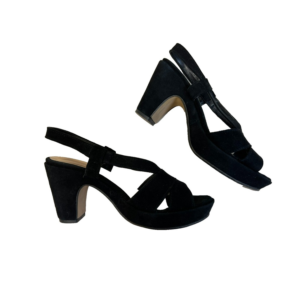 Unlace Strappy Sling Back‎ Sandal Black Suede 1" Platform 3.5" Cuban Heel SZ 7.5